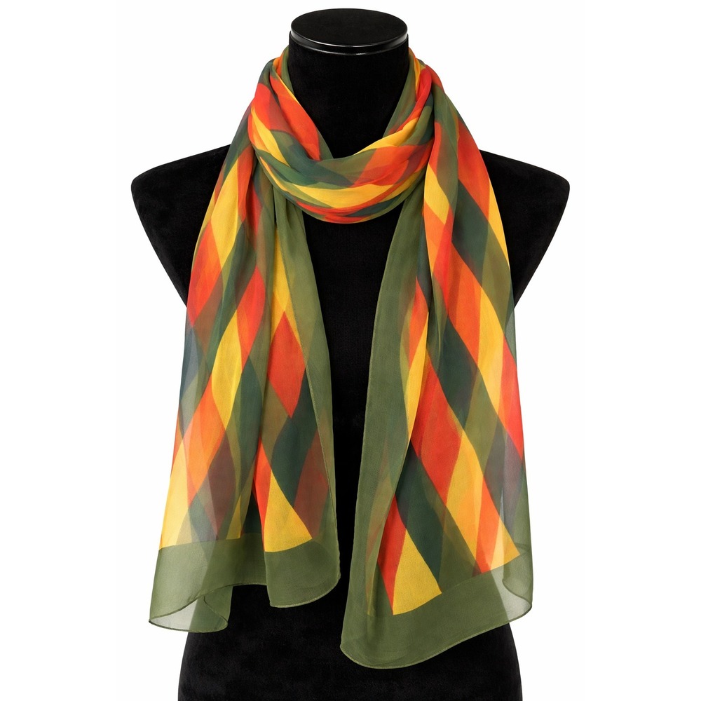 Sally Gee Rectangular Olive Green‎ Retro Geometric Rolled Hem Scarf Japan